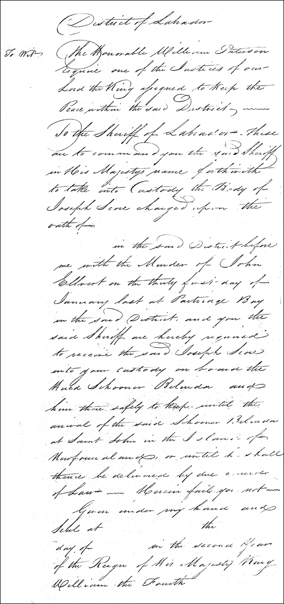 Execution order to Sheriff Robinson in 1830 to transport a prisoner